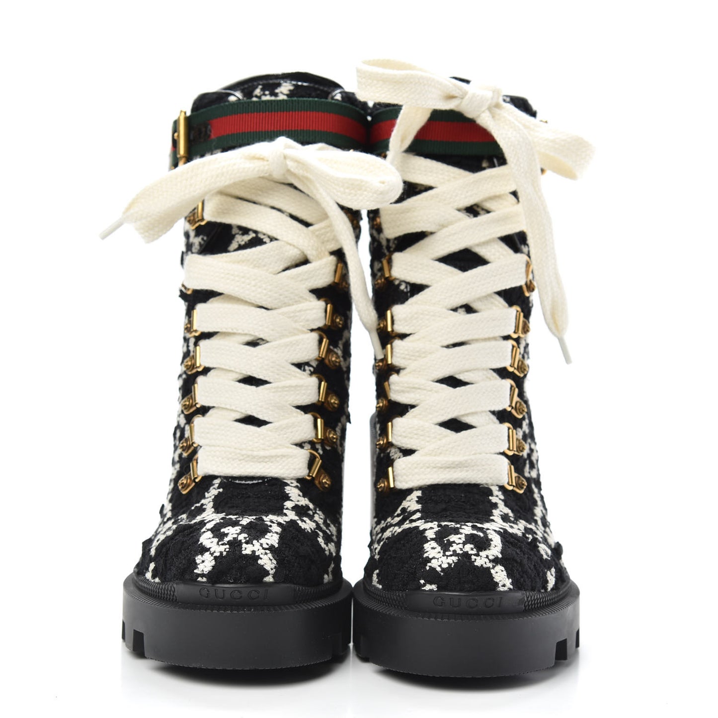 Tweed GG Monogram Lace Up Combat Ankle Boots 35 Black