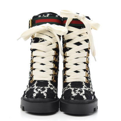 Gucci Tweed GG Monogram Lace Up Combat Ankle Boots 35 Black 2 of 8