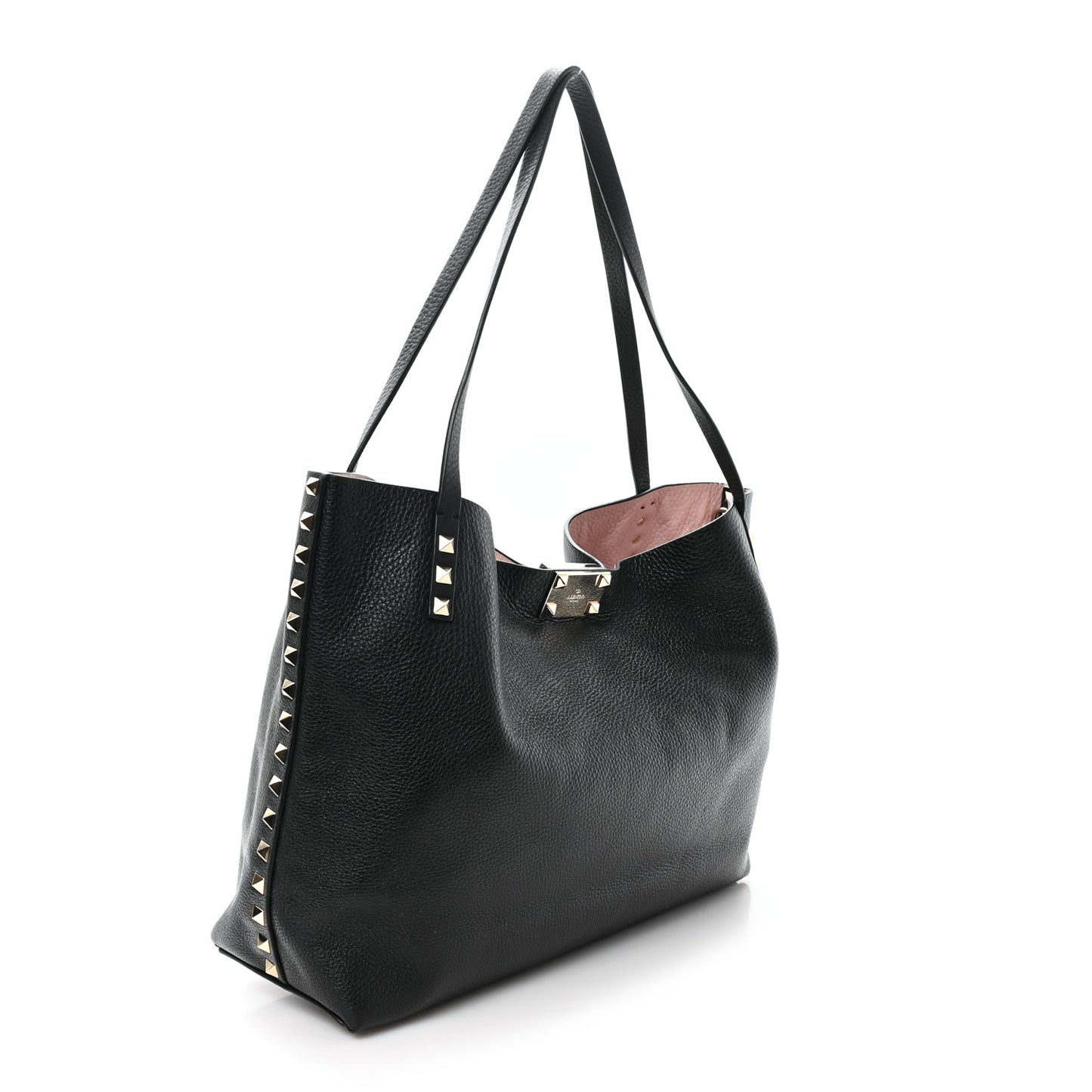 Grained Calfskin Small Rockstud Flip Lock Tote Black Rose Quartz