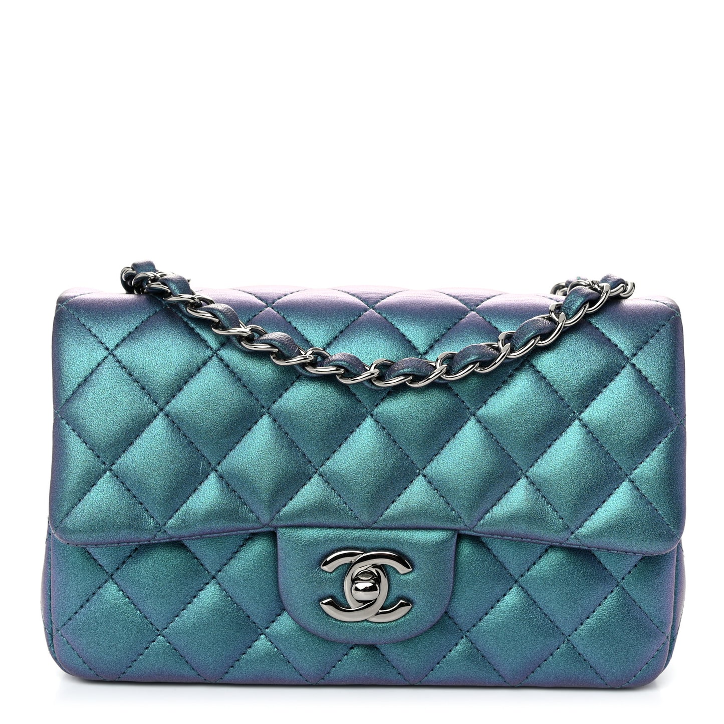 Iridescent Lambskin Quilted Mini Rectangular Flap Turquoise