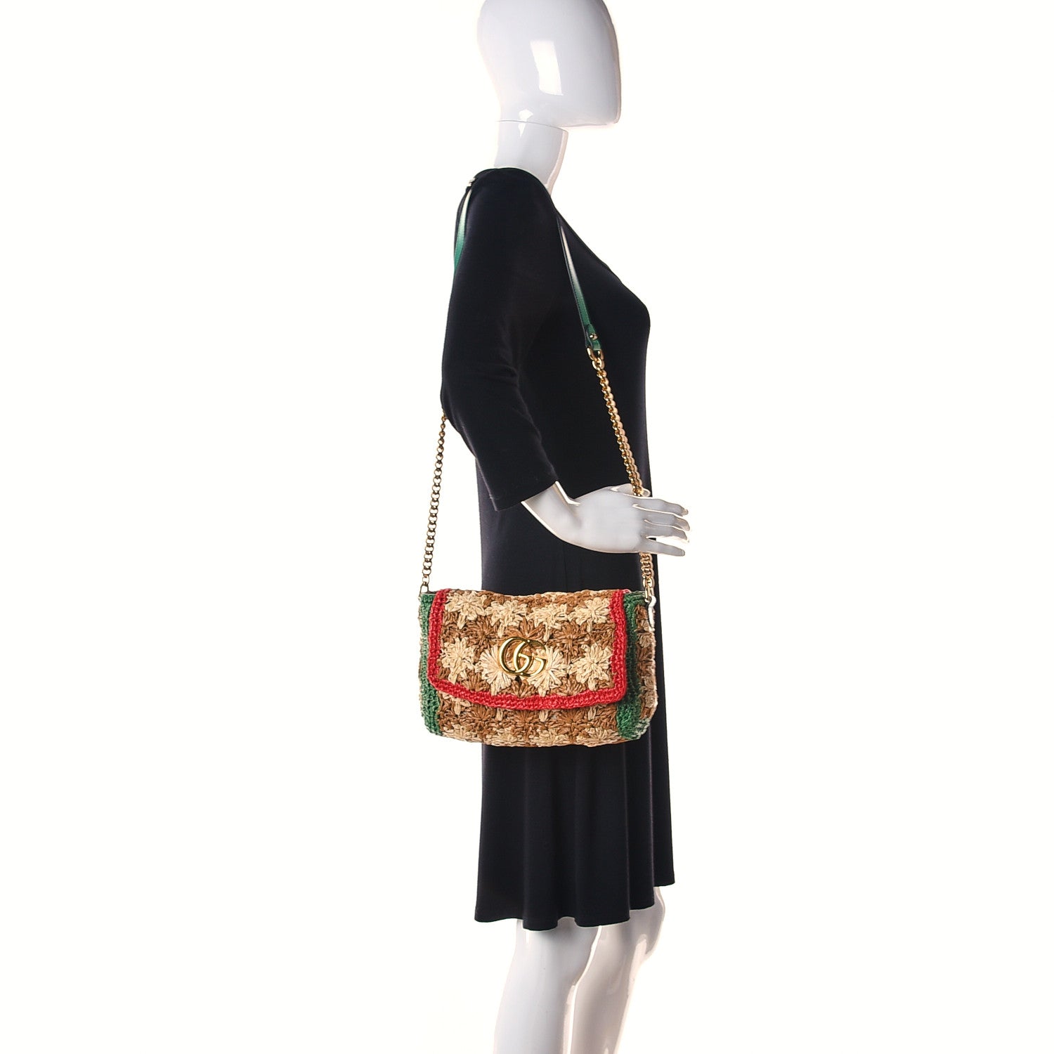 Gucci Raffia Azalea Calfskin Crochet Flower Small GG Marmont Shoulder Bag Natural Ecru Green Red New Shamarock 2 of 11