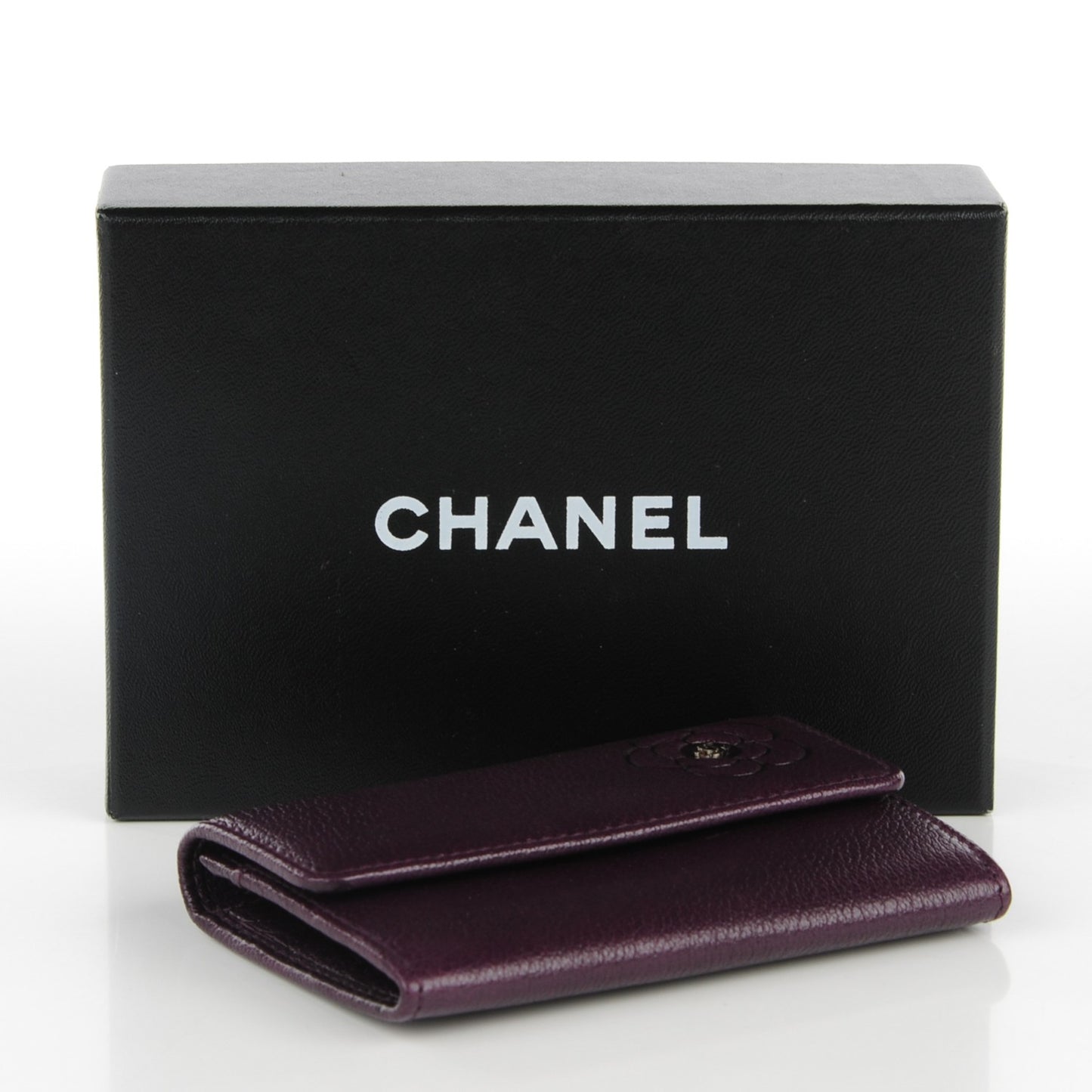 Goatskin Embossed Camellia Flap Card Holder Purple