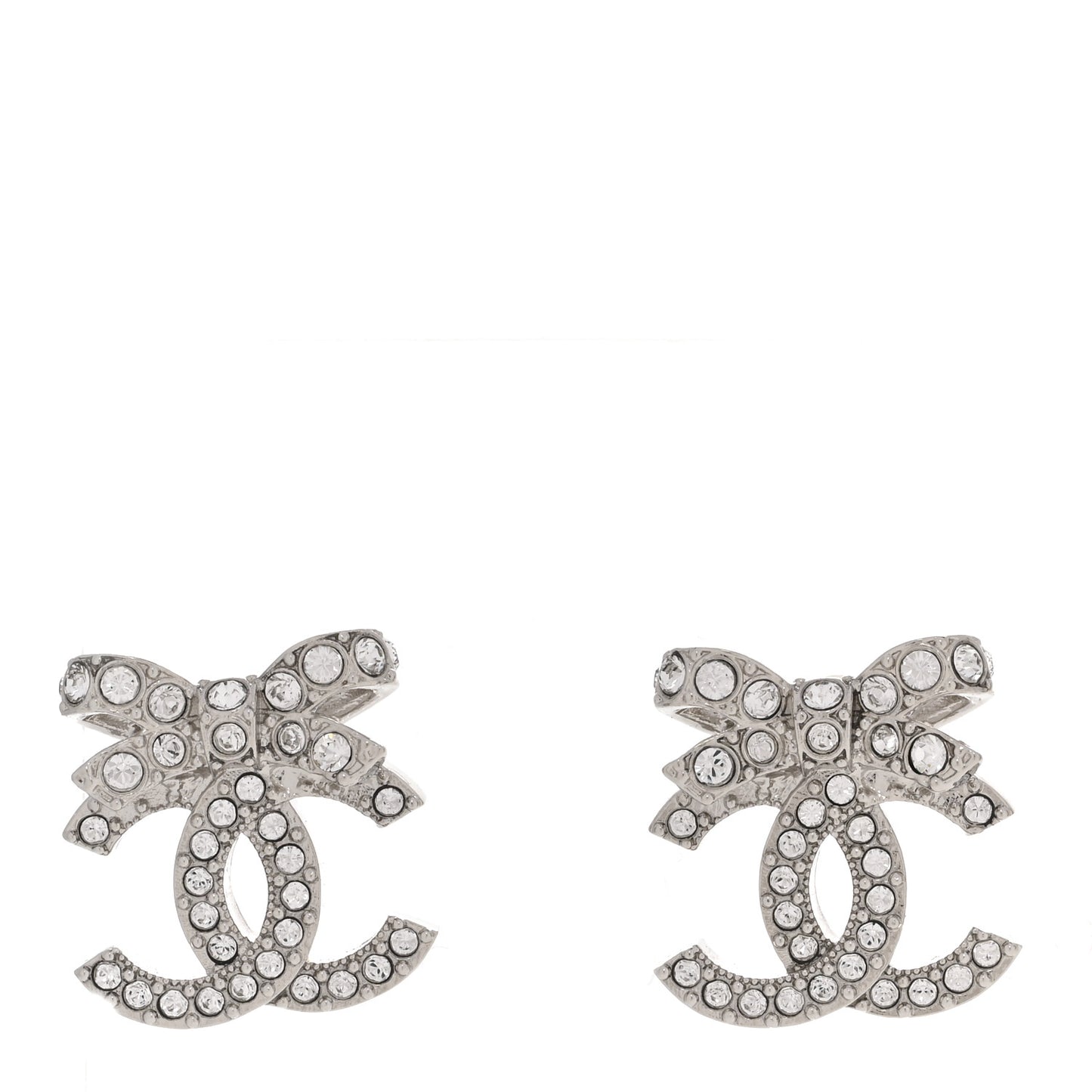 Crystal CC Bow Dangle Earrings Silver