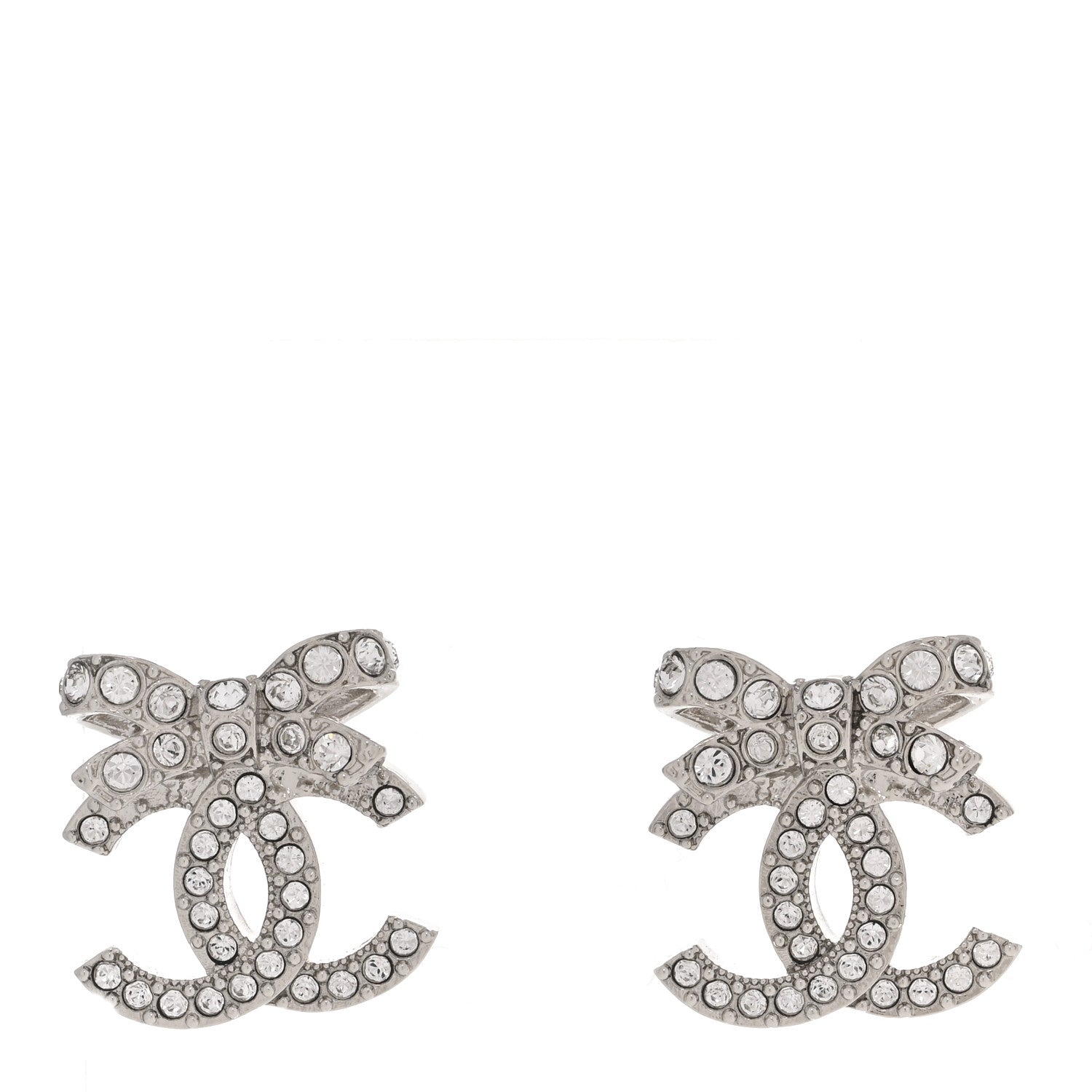 Chanel Crystal CC Bow Dangle Earrings Silver 1 of 5