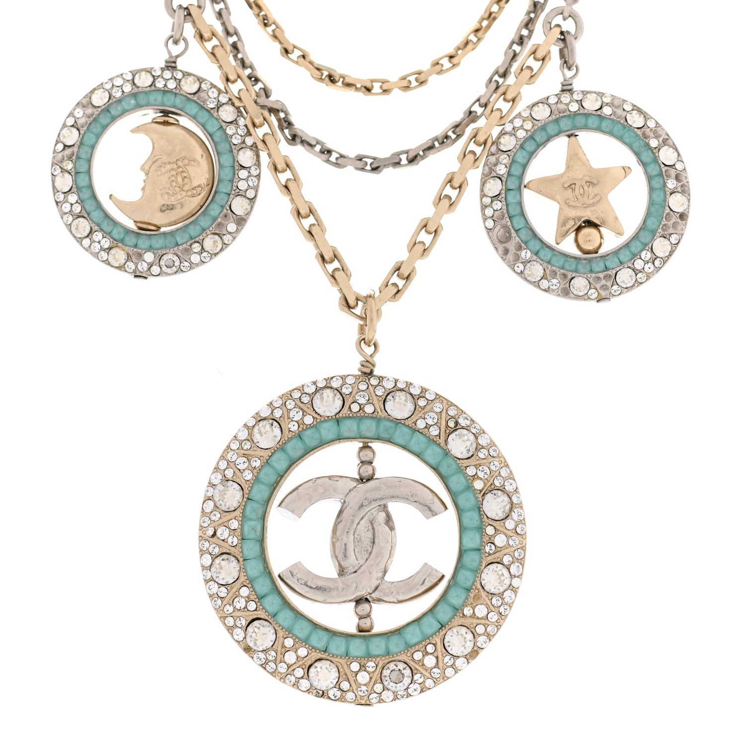 Chanel Ruthenium Crystal Pearl CC Star Moon Circle Necklace Silver Gold Turquoise 4 of 6
