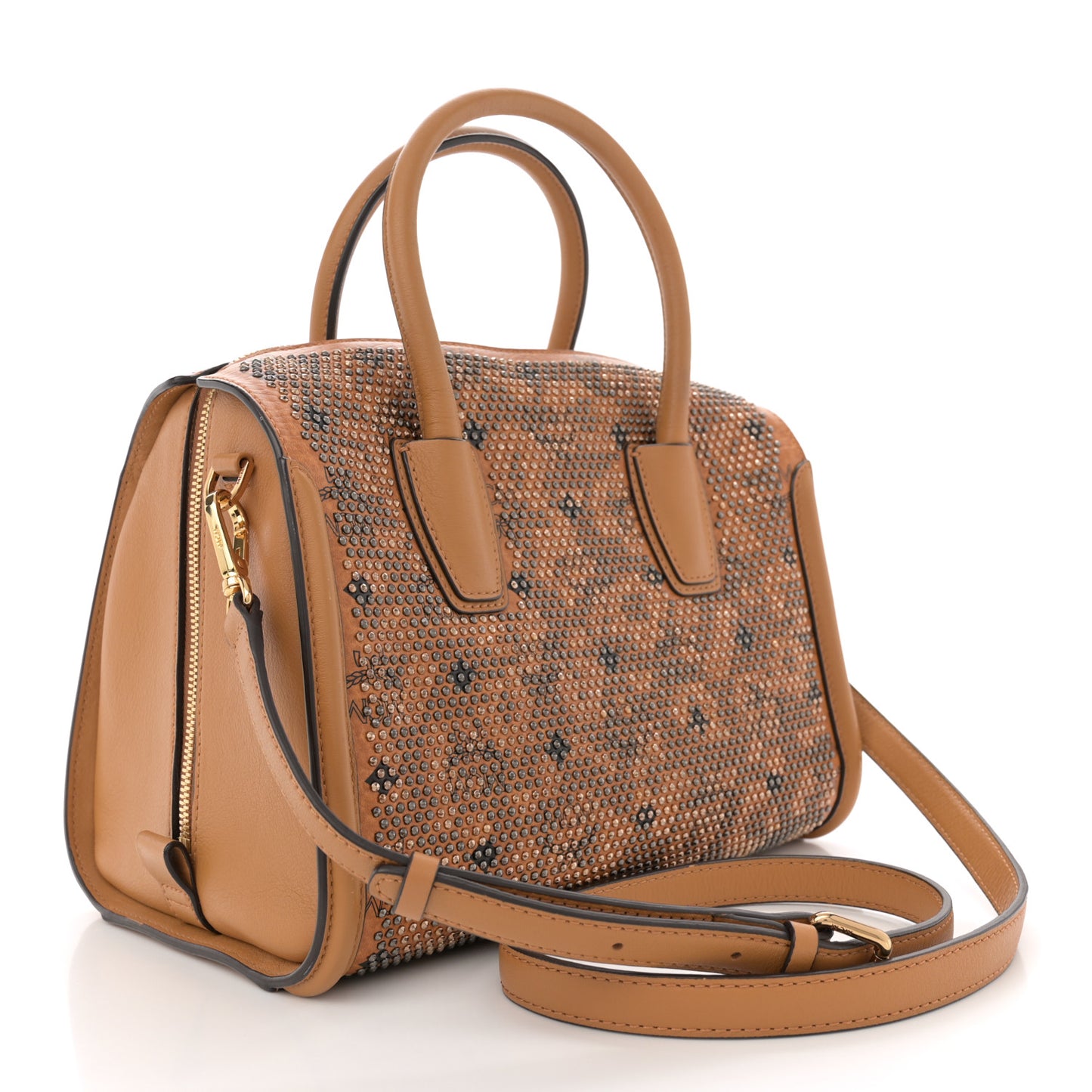 Visetos Calfskin Studded Boston Bag Cognac