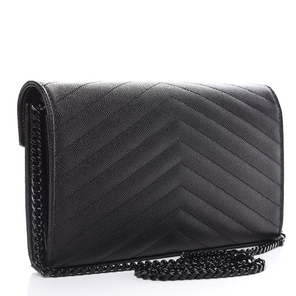 Saint Laurent Grain De Poudre Matelasse Chevron Monogram Chain Wallet Black 3 of 10