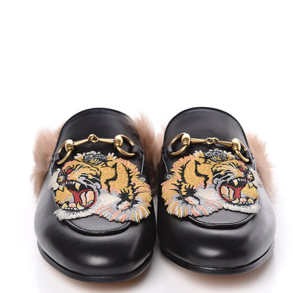 Gucci Calfskin Lambswool Tiger Embroidered Womens Princetown Slippers 35 Black 2 of 8