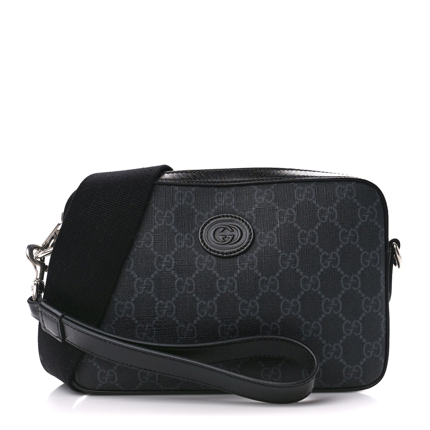 GG Supreme Monogram Azalea Calfskin Retro Interlocking G Wristlet Shoulder Bag Black