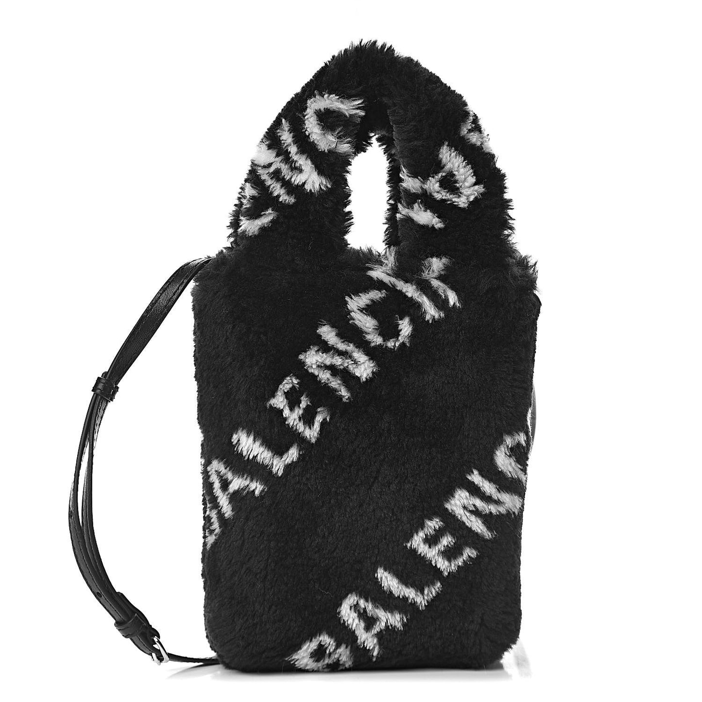 Faux Fur Diagonal Logo Everyday Phone Holder Tote Black White