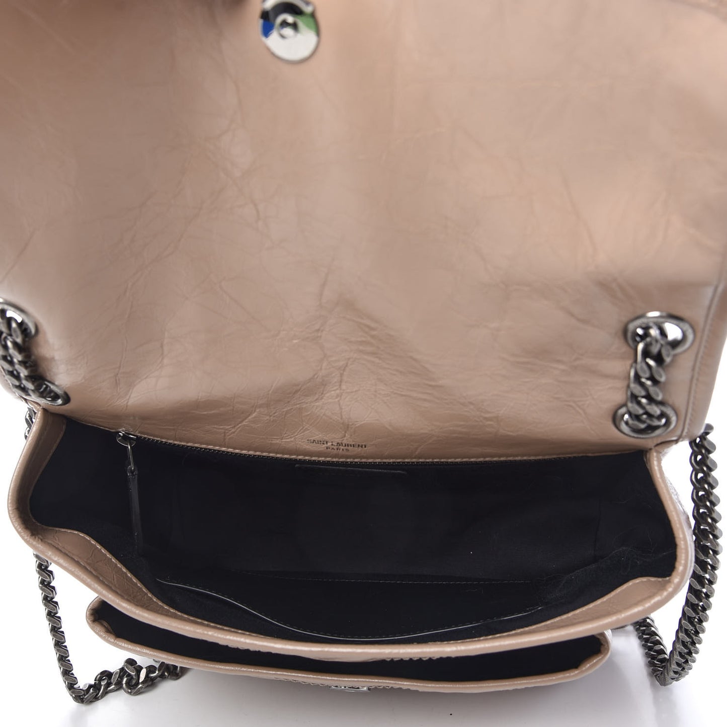 Crinkled Calfskin Matelasse Monogram Medium Niki Chain Satchel Light Taupe