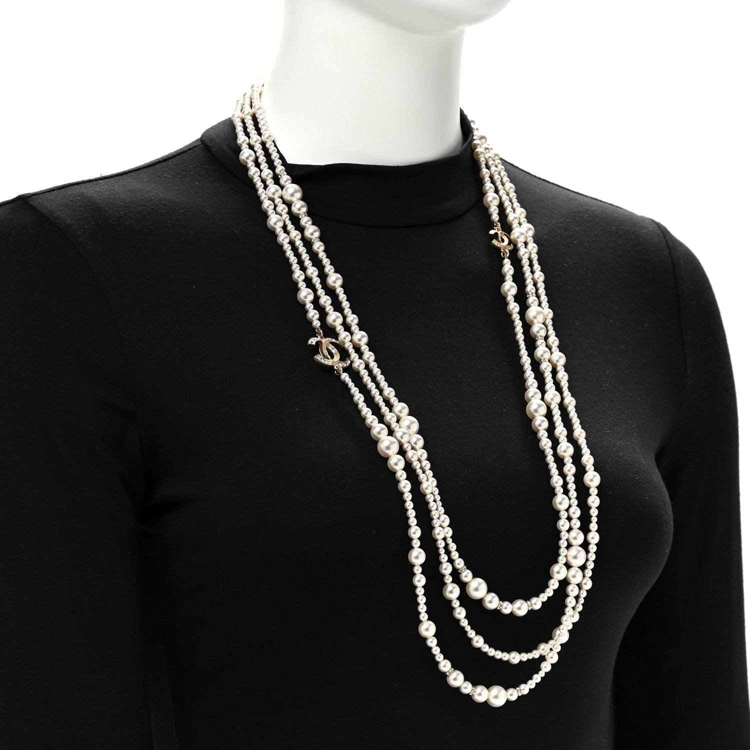 Chanel Metal Pearl Crystal Graduated CC Multi Strand Necklace Gold 2 of 5