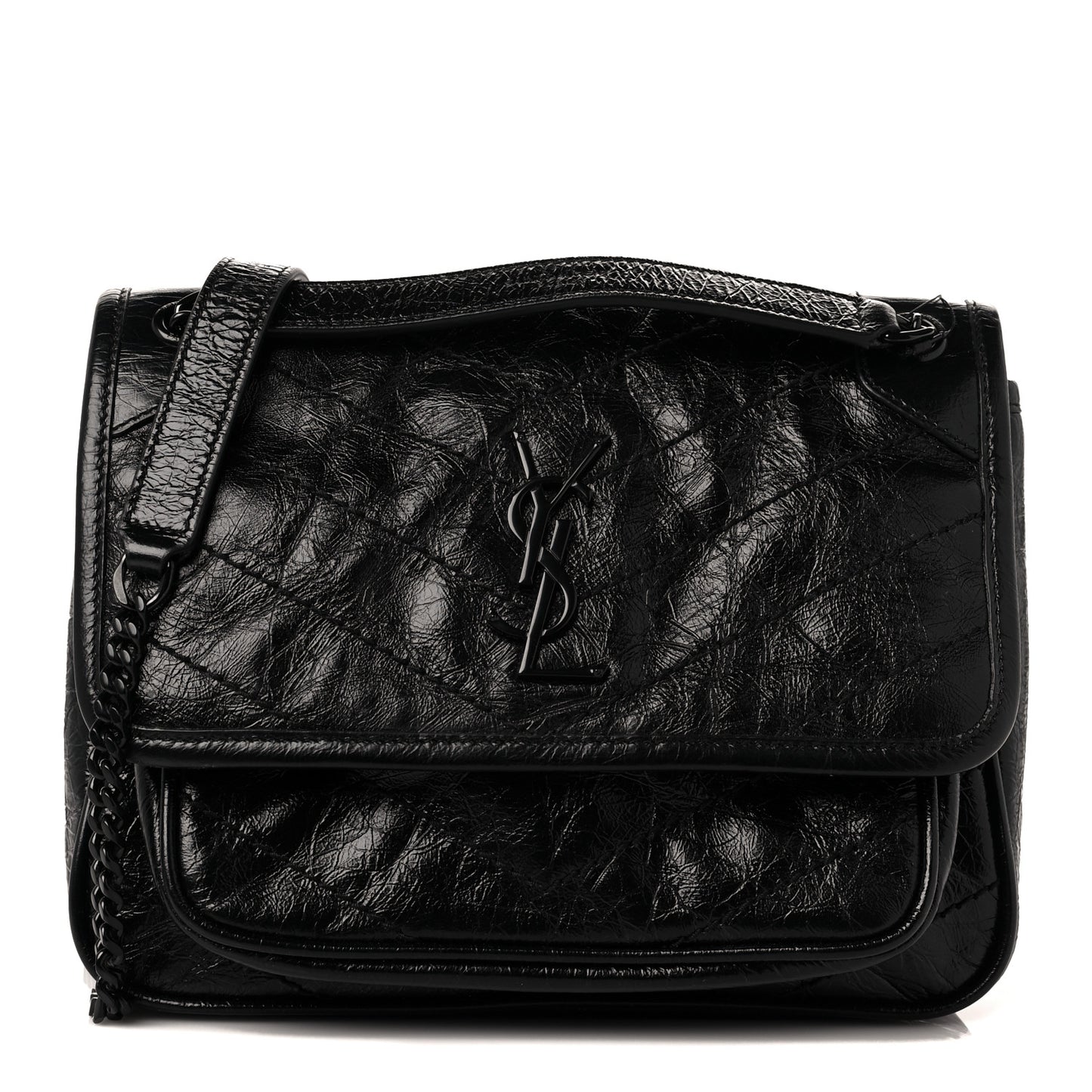 Crinkled Calfskin Matelasse Monogram Baby Niki Chain Satchel Black