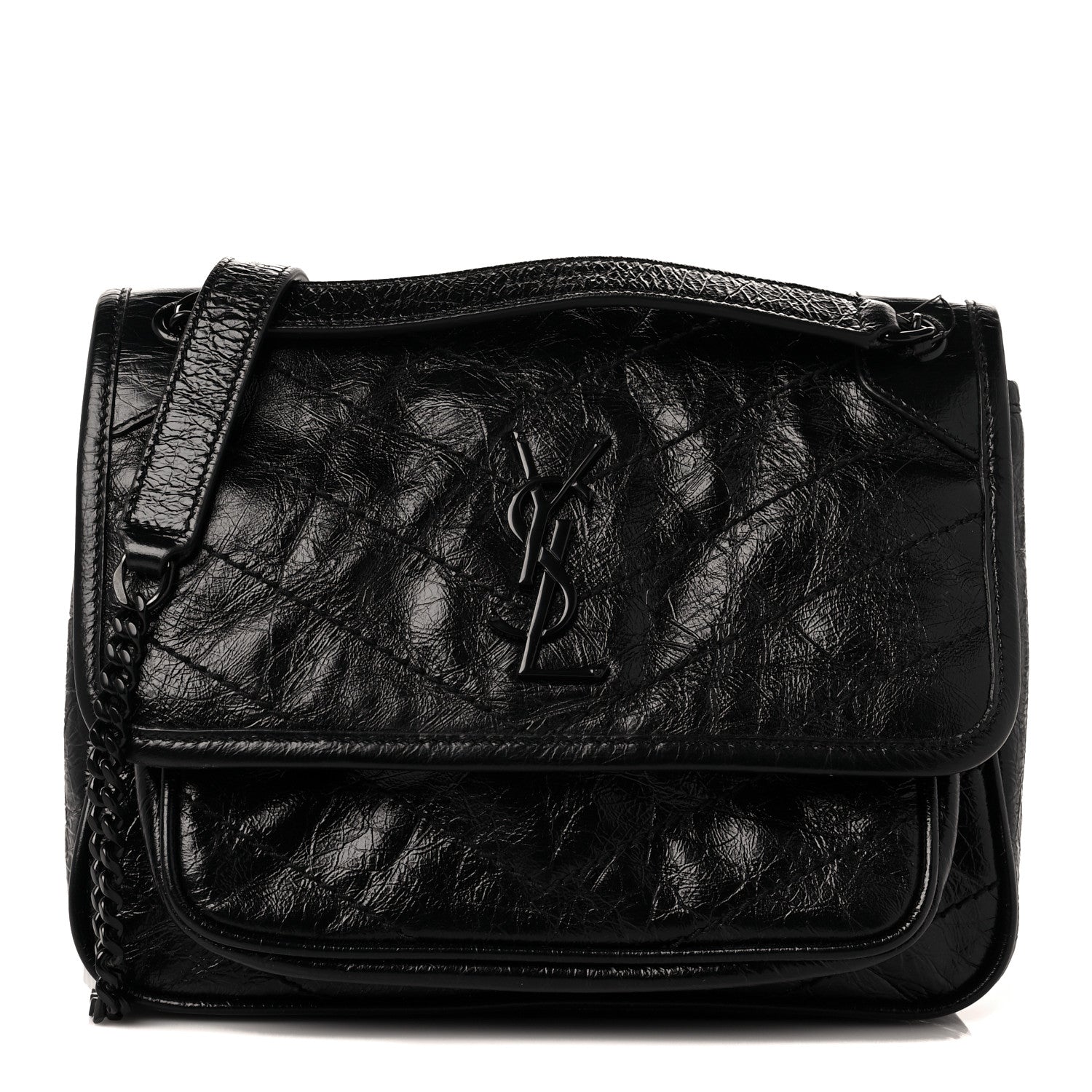 Saint Laurent Crinkled Calfskin Matelasse Monogram Baby Niki Chain Satchel Black 1 of 9