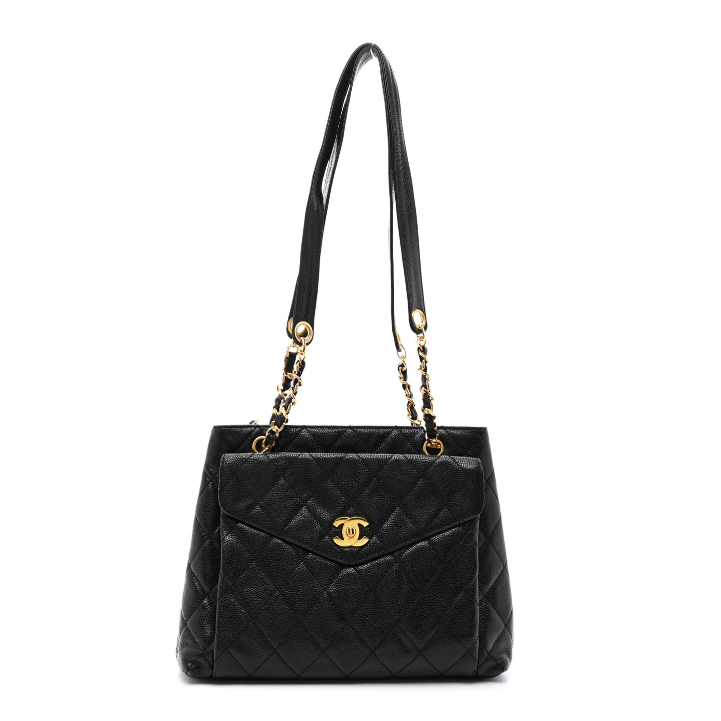 Caviar Quilted Pocket Shopping Tote Black