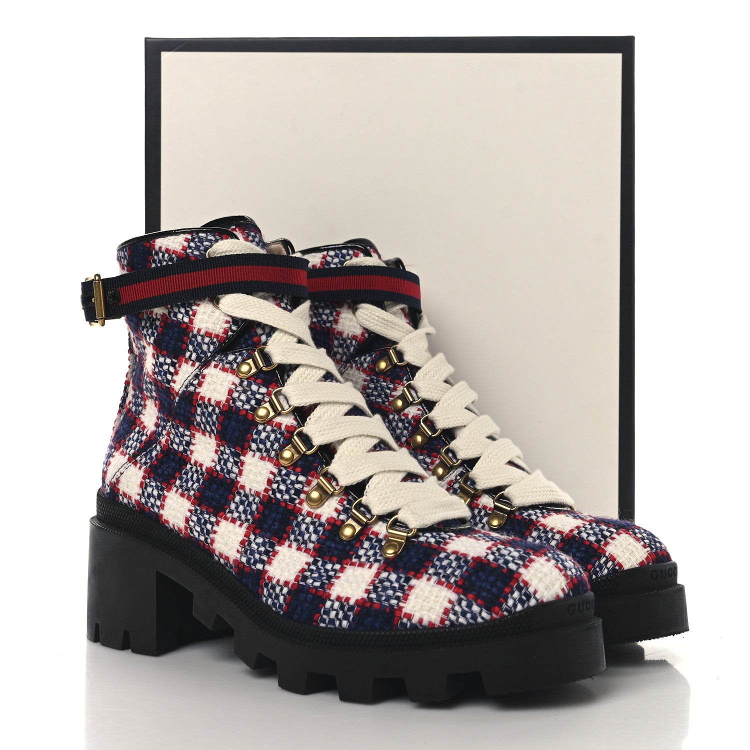 Gucci Vintage Tweed Check Lace Up Combat Ankle Boots 41 White Hibiscus Red Marine 10 of 10