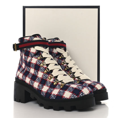 Gucci Vintage Tweed Check Lace Up Combat Ankle Boots 41 White Hibiscus Red Marine 10 of 10