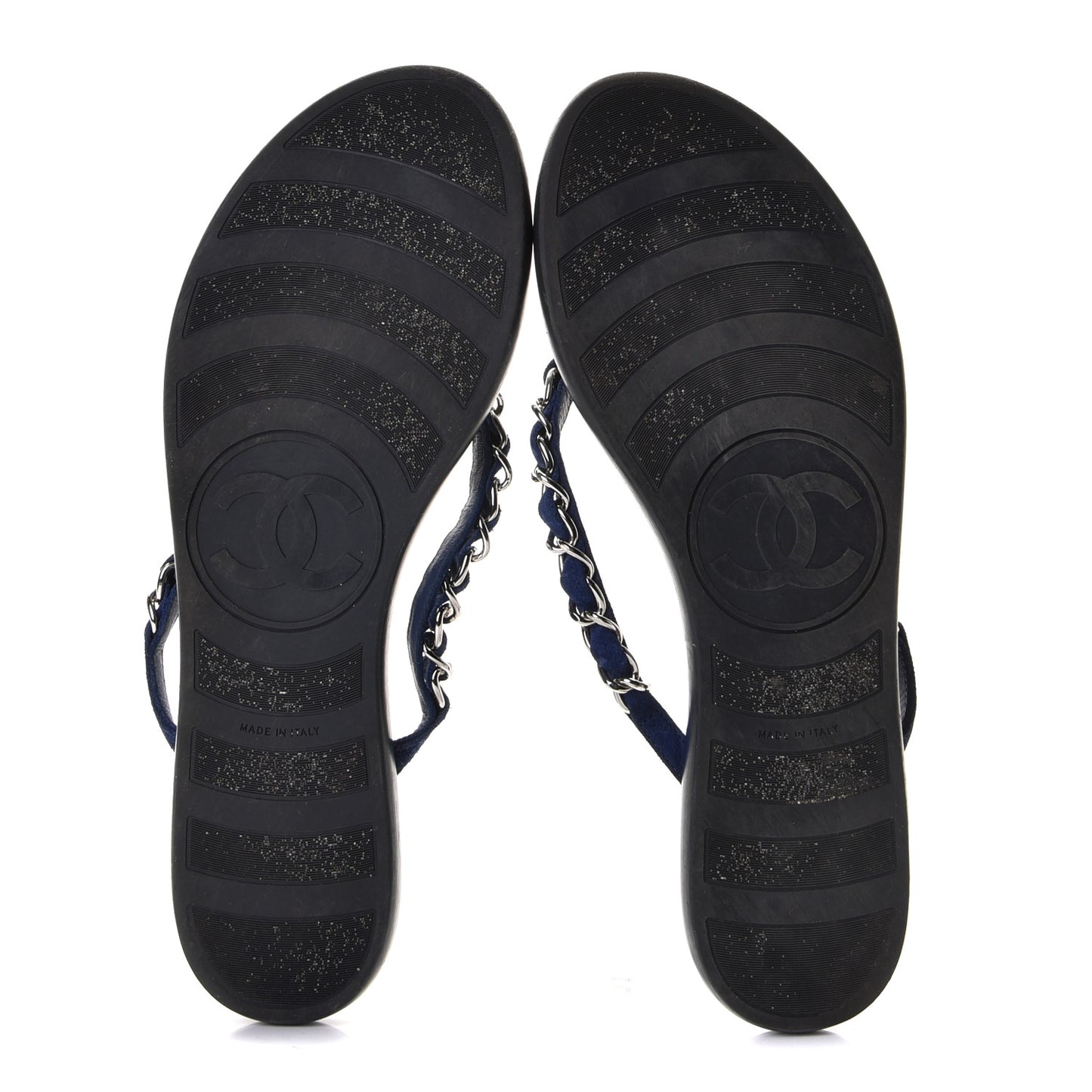Suede Calfskin Quilted Chain Thong Sandals 38.5 Navy Blue