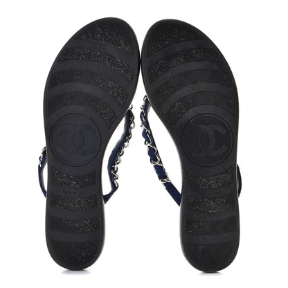 Chanel Suede Calfskin Quilted Chain Thong Sandals 38.5 Navy Blue 7 of 9