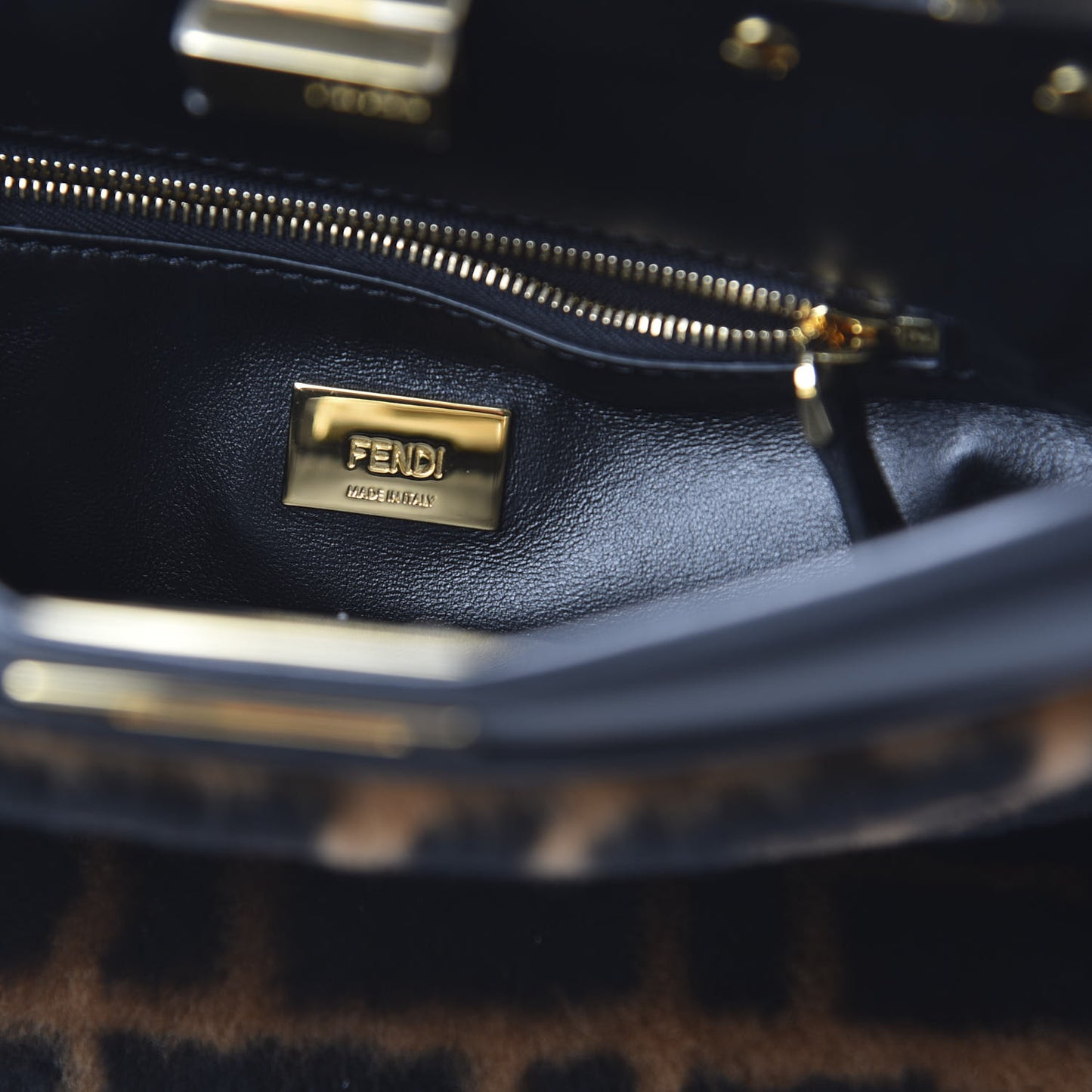 Shearling Nappa Macro FF 1974 Mini Peekaboo Iconic Satchel Tobacco Black