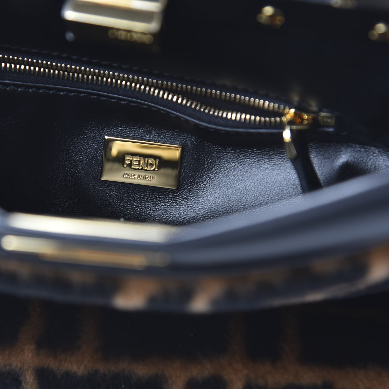Fendi Shearling Nappa Macro FF 1974 Mini Peekaboo Iconic Satchel Tobacco Black 8 of 9