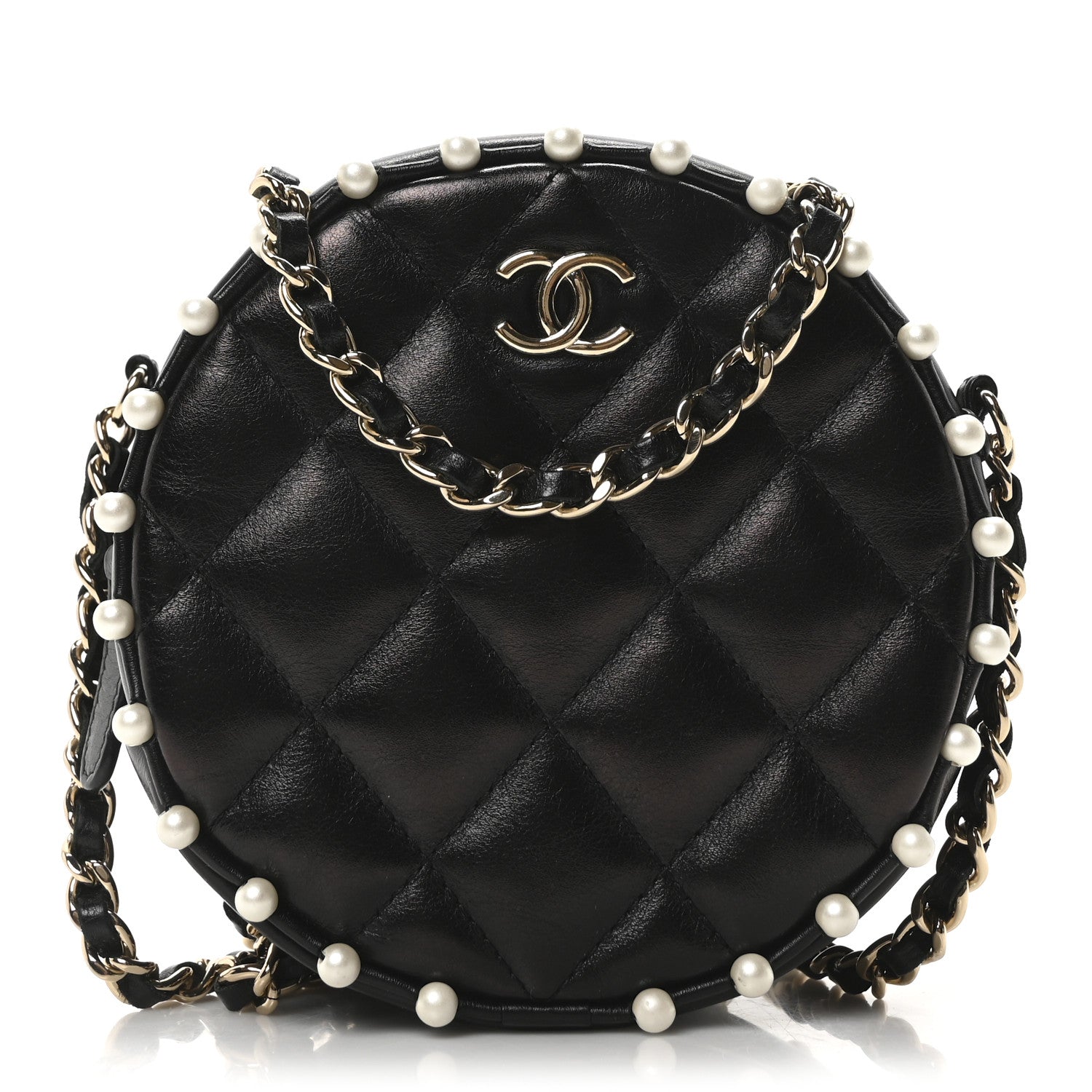Chanel Calfskin Quilted Pearl Round Clutch With Chain Black 1 of 9