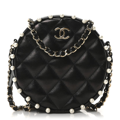 Chanel Calfskin Quilted Pearl Round Clutch With Chain Black 1 of 9