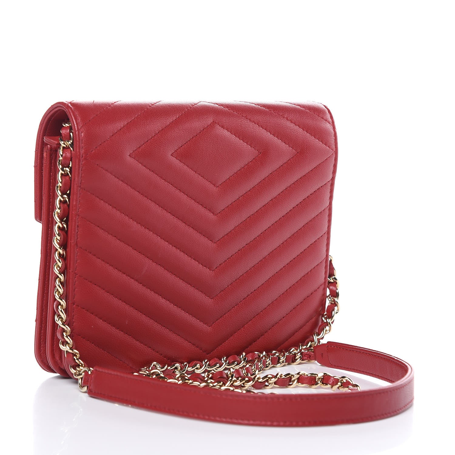 Chanel Lambskin Chevron Quilted Square Wallet On Chain WOC Red 3 of 11