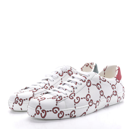 Gucci Calfskin GucciGhost Print Mens Ace Sneakers 10 White Hibiscus Red 3 of 9