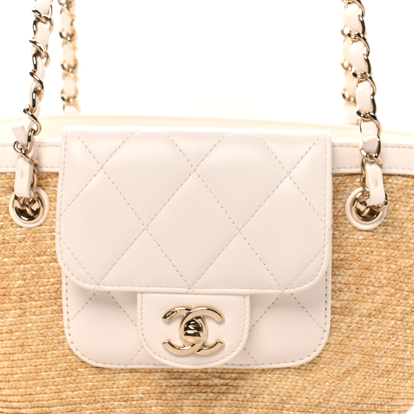 Raffia Braided Lambskin Small Shopping Tote Beige White