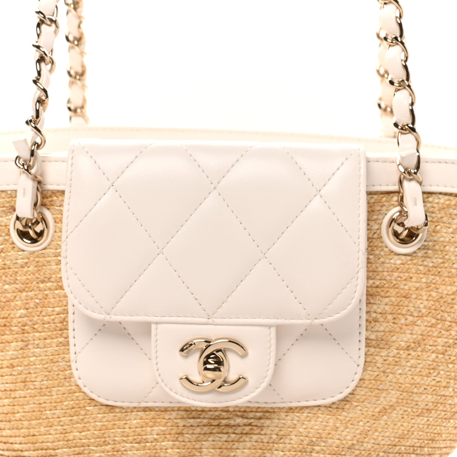 Chanel Raffia Braided Lambskin Small Shopping Tote Beige White 9 of 11