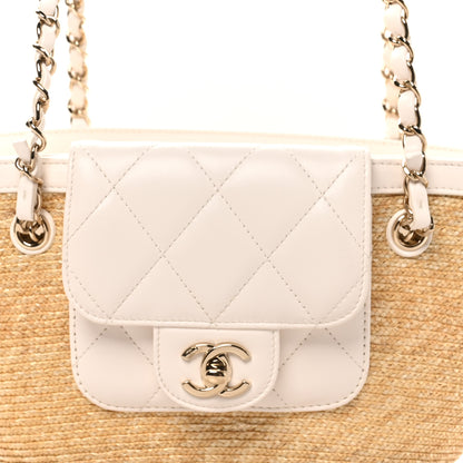 Chanel Raffia Braided Lambskin Small Shopping Tote Beige White 9 of 11