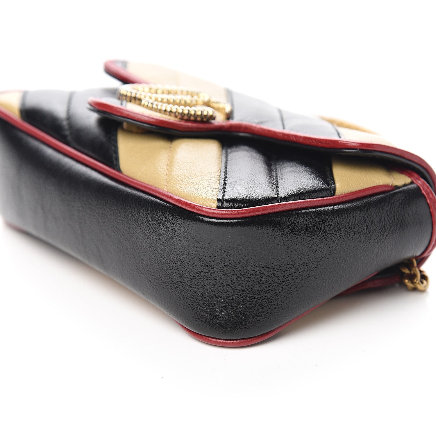 Gucci Vintage Effect Calfskin Matelasse Diagonal Striped Super Mini Torchon GG Marmont Shoulder Bag Black Beige 8 of 9
