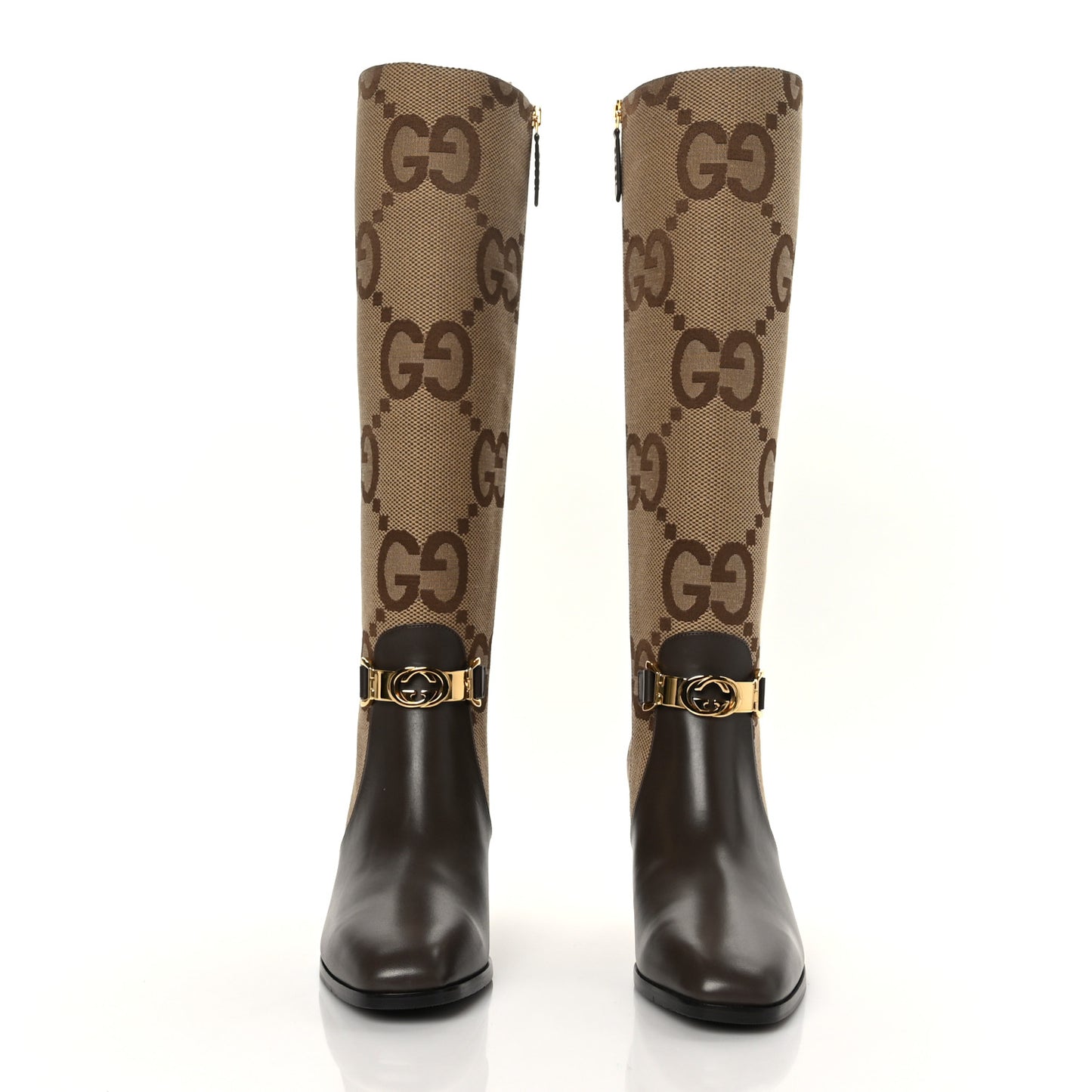 Monogram Jumbo GG Calfskin Interlocking G Anna Boots 38 Camel Ebony