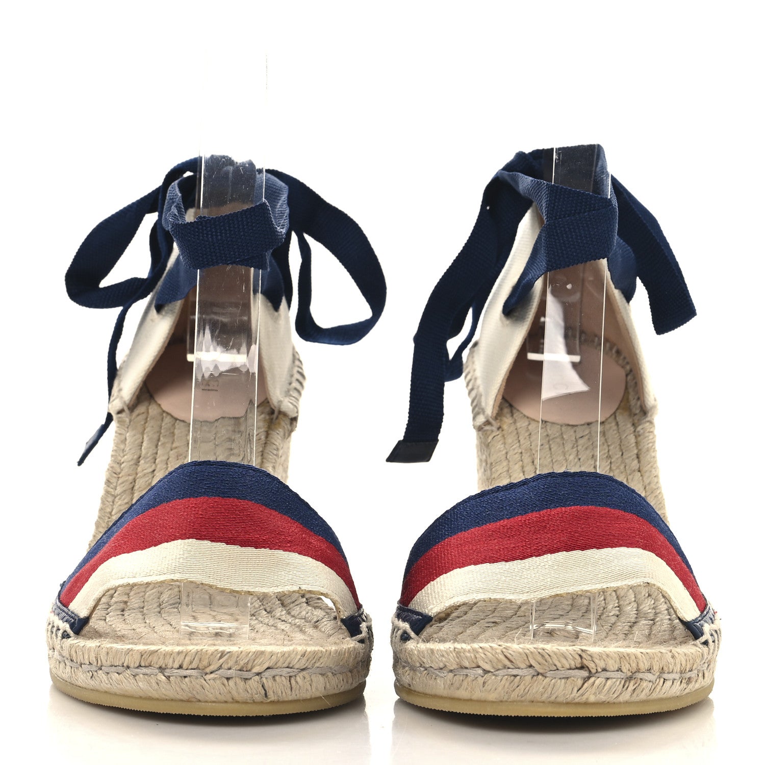 Gucci Canvas Sylvie Web Ankle Wrap Espadrille Wedge Sandals 39.5 Mystic White Hibiscus Red Maritime 3 of 9