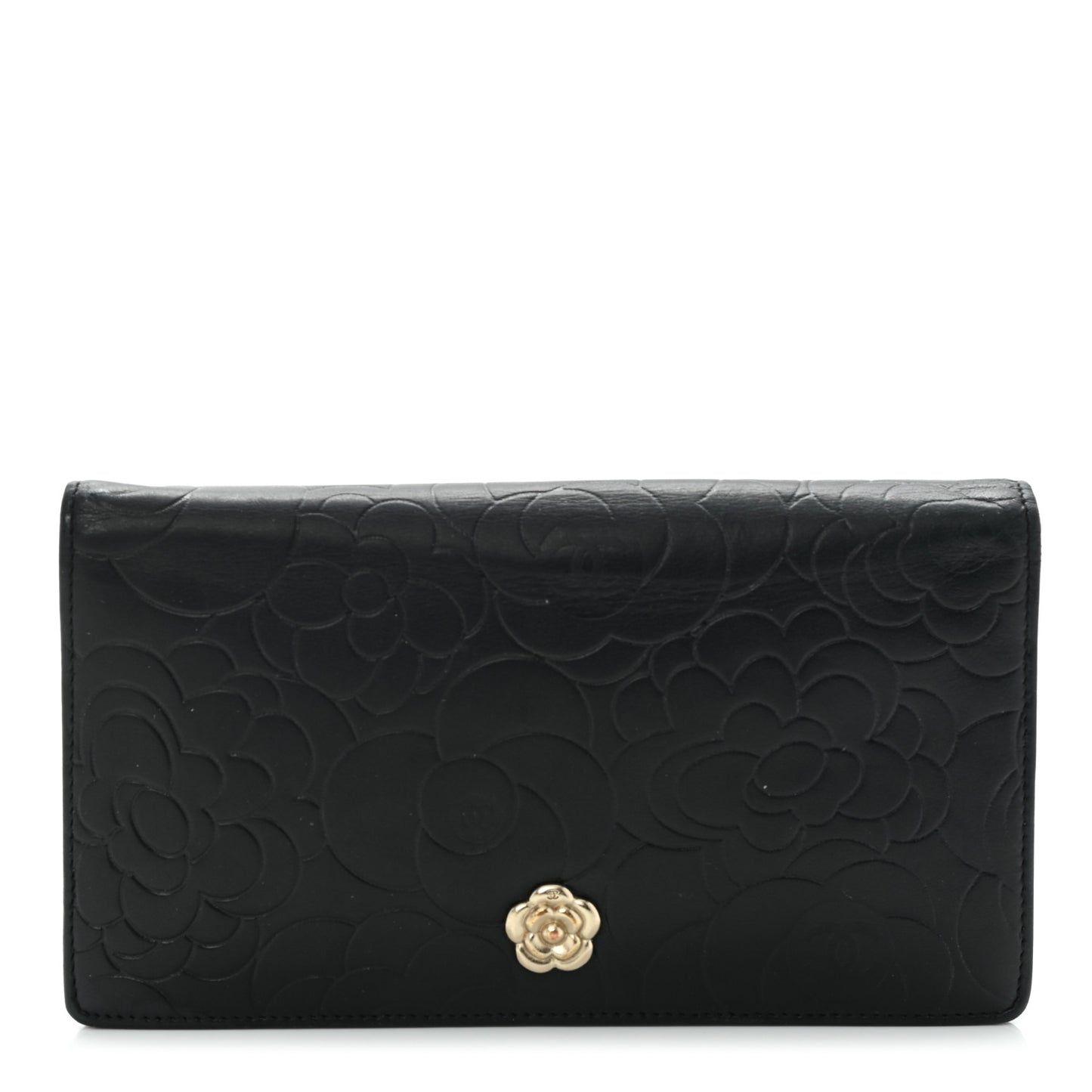 Lambskin Camellia Embossed Yen Wallet Black