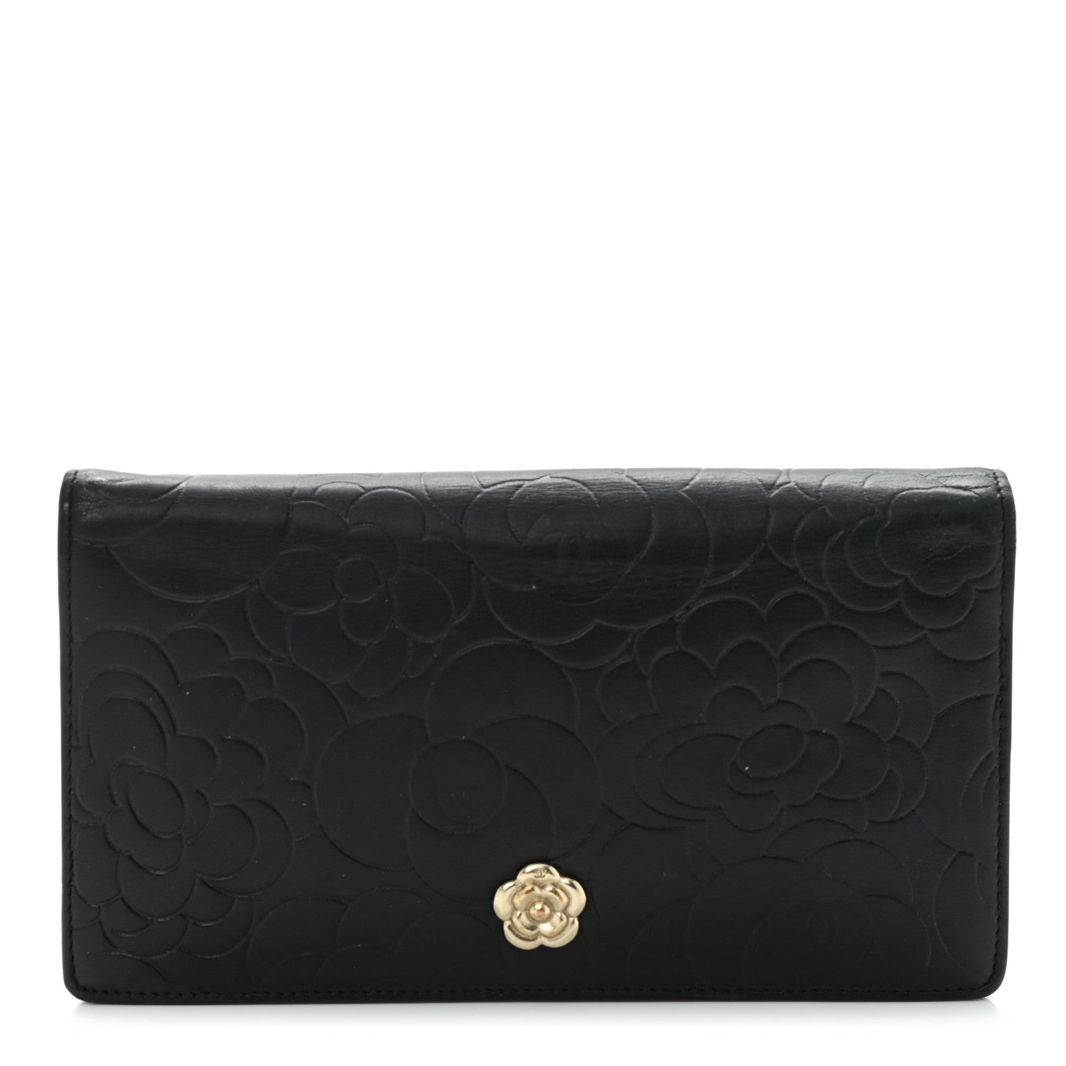 Chanel Lambskin Camellia Embossed Yen Wallet Black 1 of 11