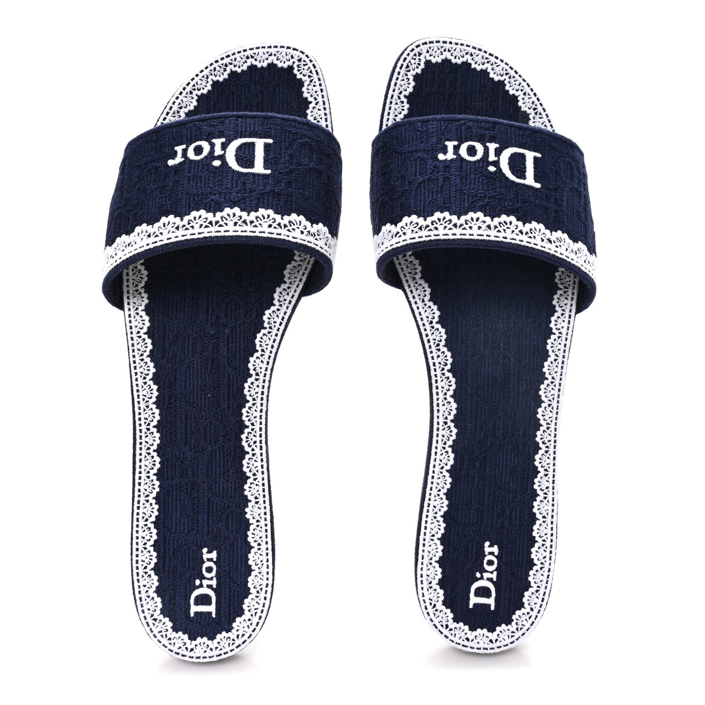Oblique Embroidered Cotton Lace Dentelle Flat Slide Sandals 39 Navy Blue White
