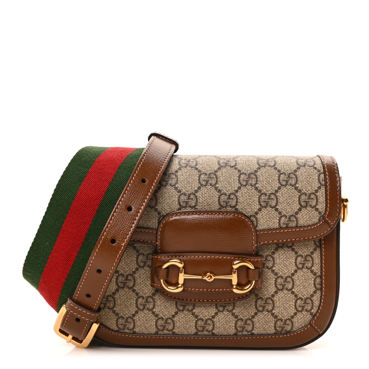 GG Supreme Monogram Azalea Calfskin Web Mini Horsebit 1955 Shoulder Bag Beige Ebony Brown Sugar