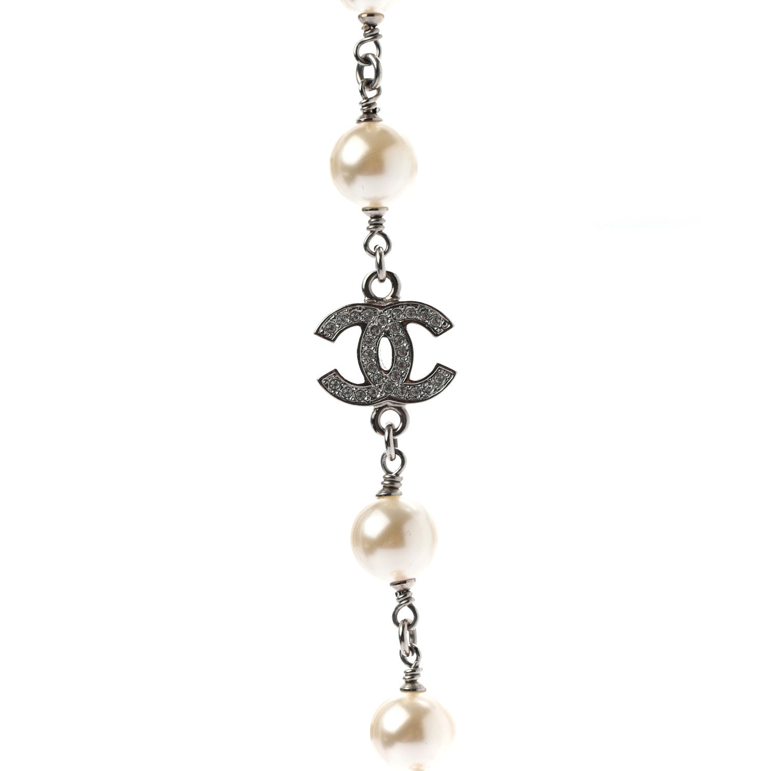 Chanel Crystal Pearl CC Long Necklace Silver 4 of 5