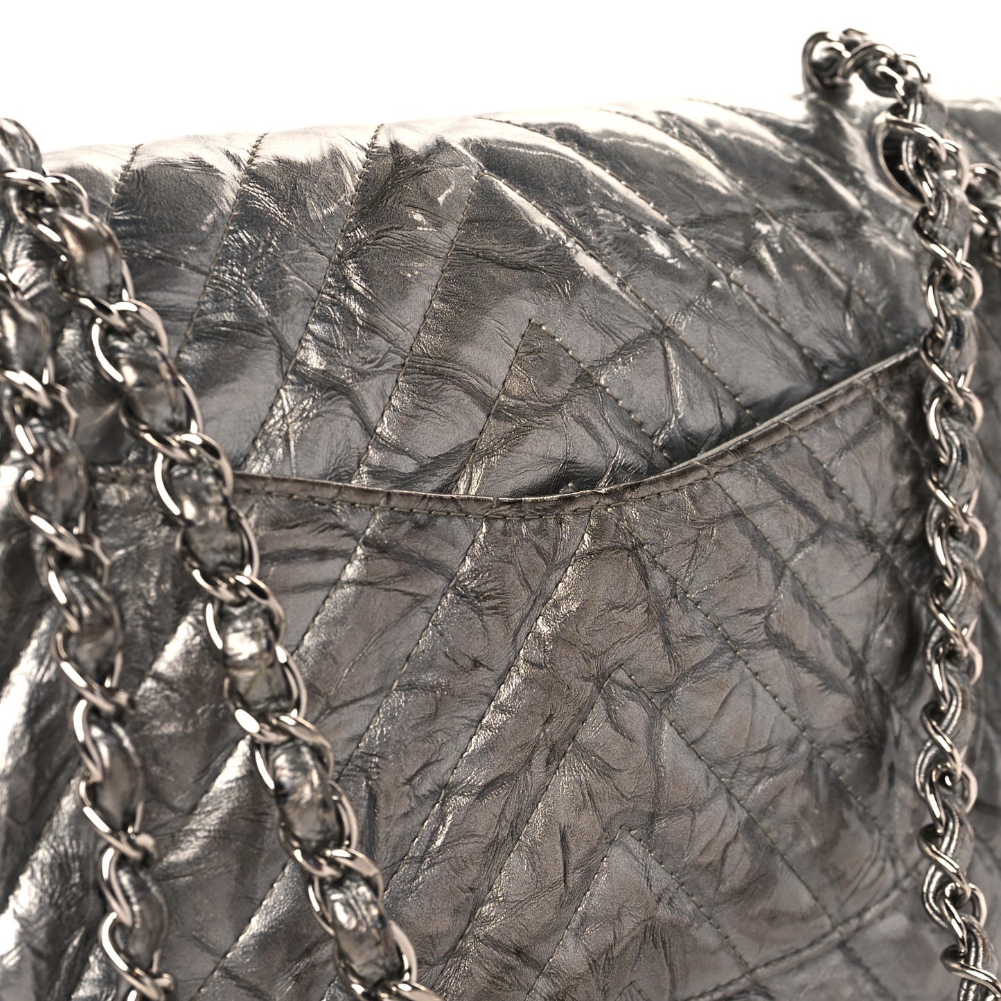Metallic Patent Crumpled Calfskin Chevron Quilted Medium Double Flap Silver
