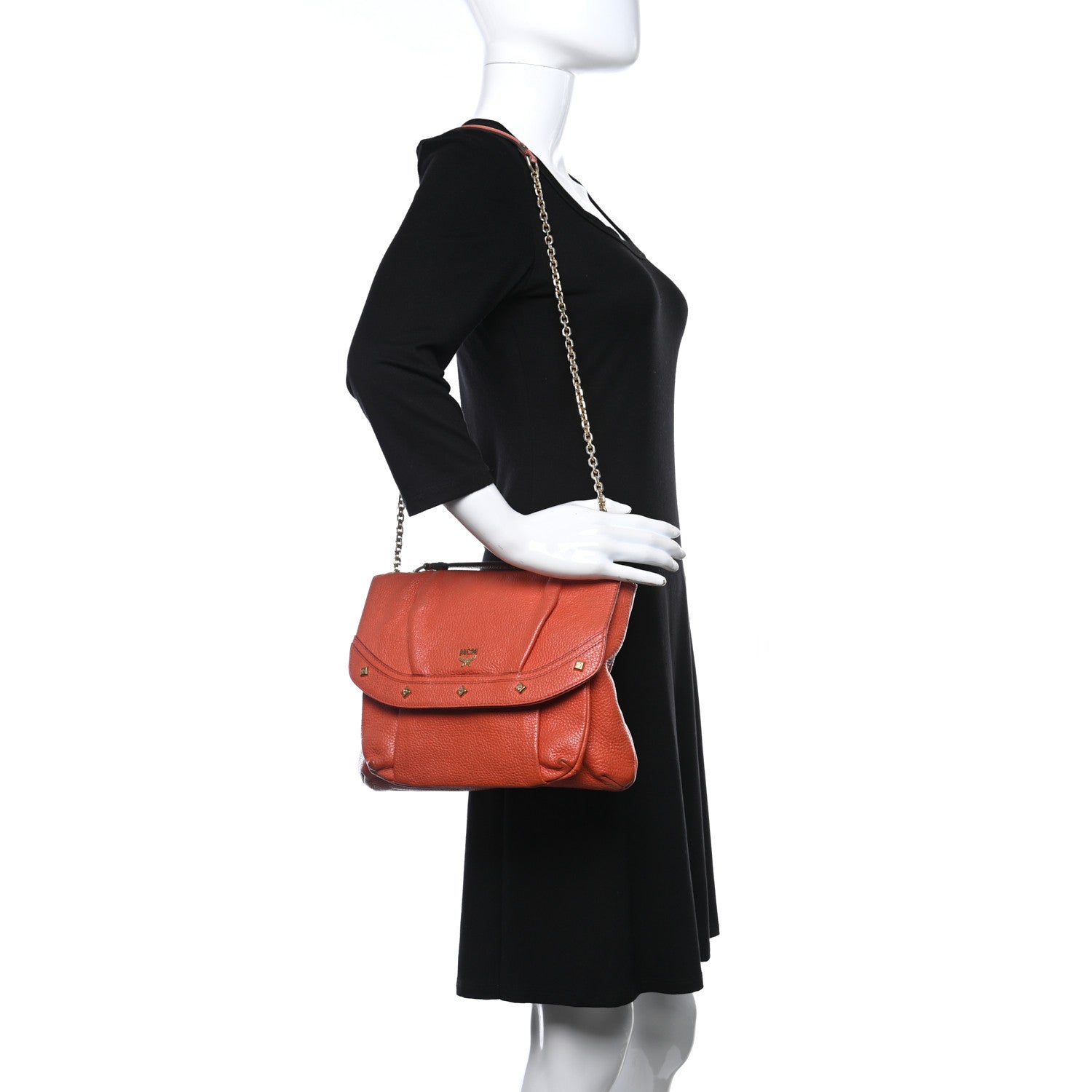 MCM Grained Calfskin Studded Shoulder Bag Orange 2 of 13