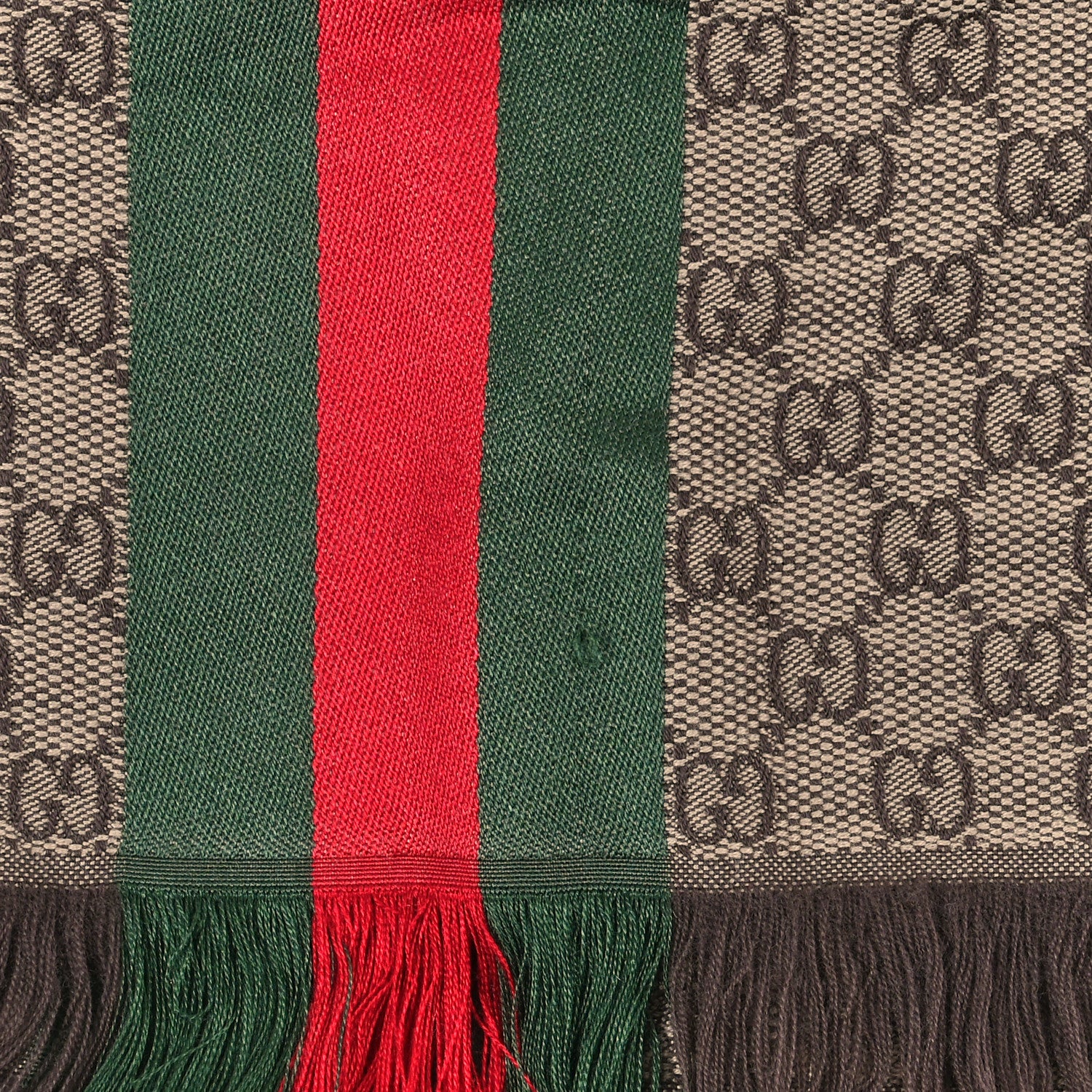 Gucci Wool Silk GG Monogram Web Verbier Fringe Scarf Light Brown Dark Green 4 of 5