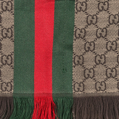 Gucci Wool Silk GG Monogram Web Verbier Fringe Scarf Light Brown Dark Green 4 of 5