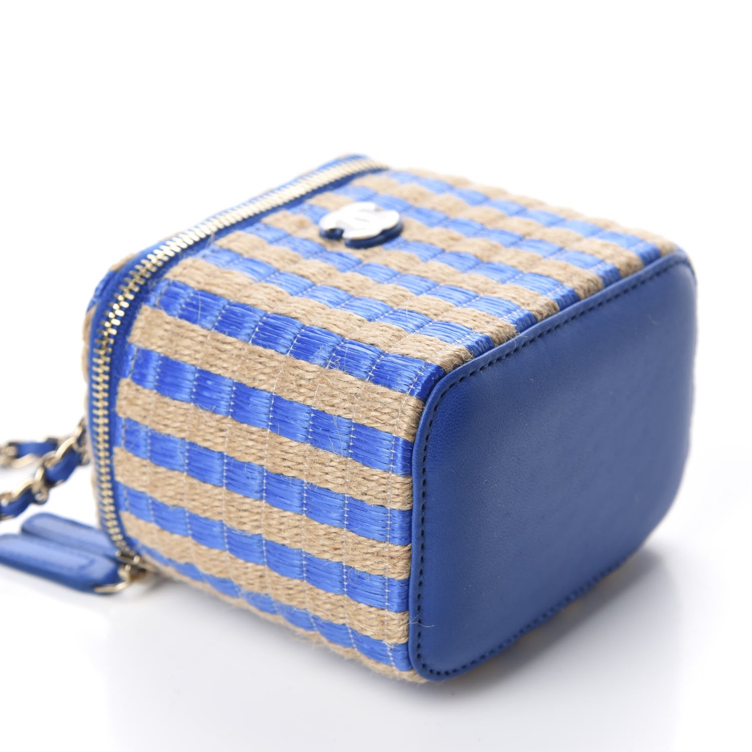 Chanel Raffia Jute Striped Mini Vanity Case With Chain Blue Beige 4 of 11