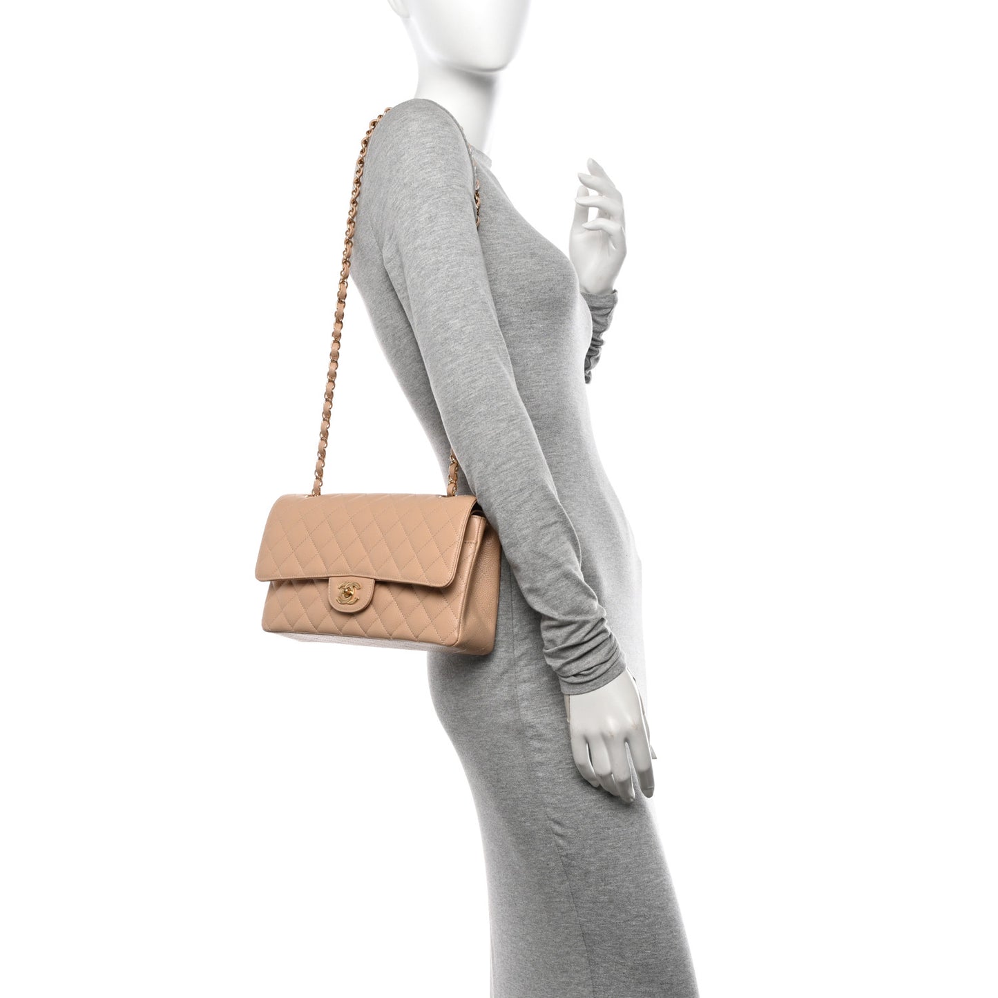 Caviar Quilted Medium Double Flap Beige Clair