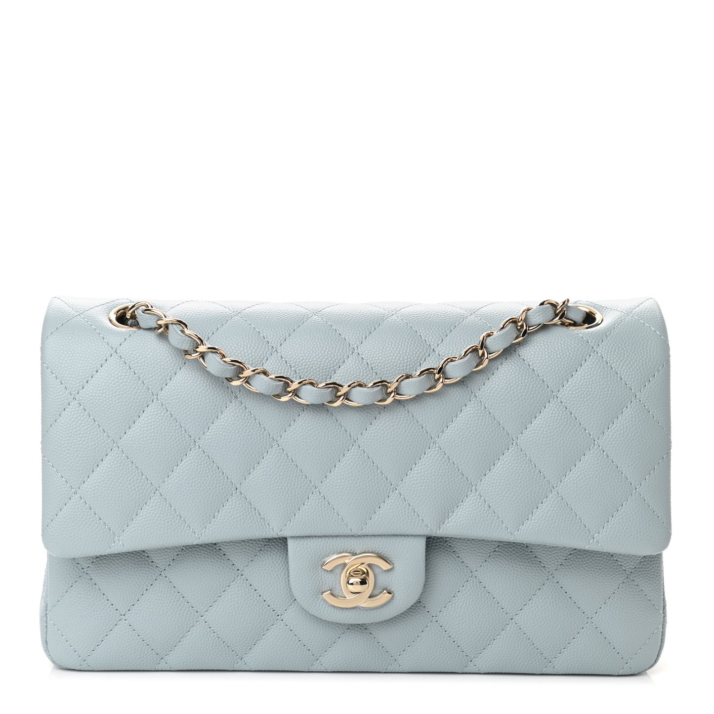 Caviar Quilted Medium Double Flap Light Blue