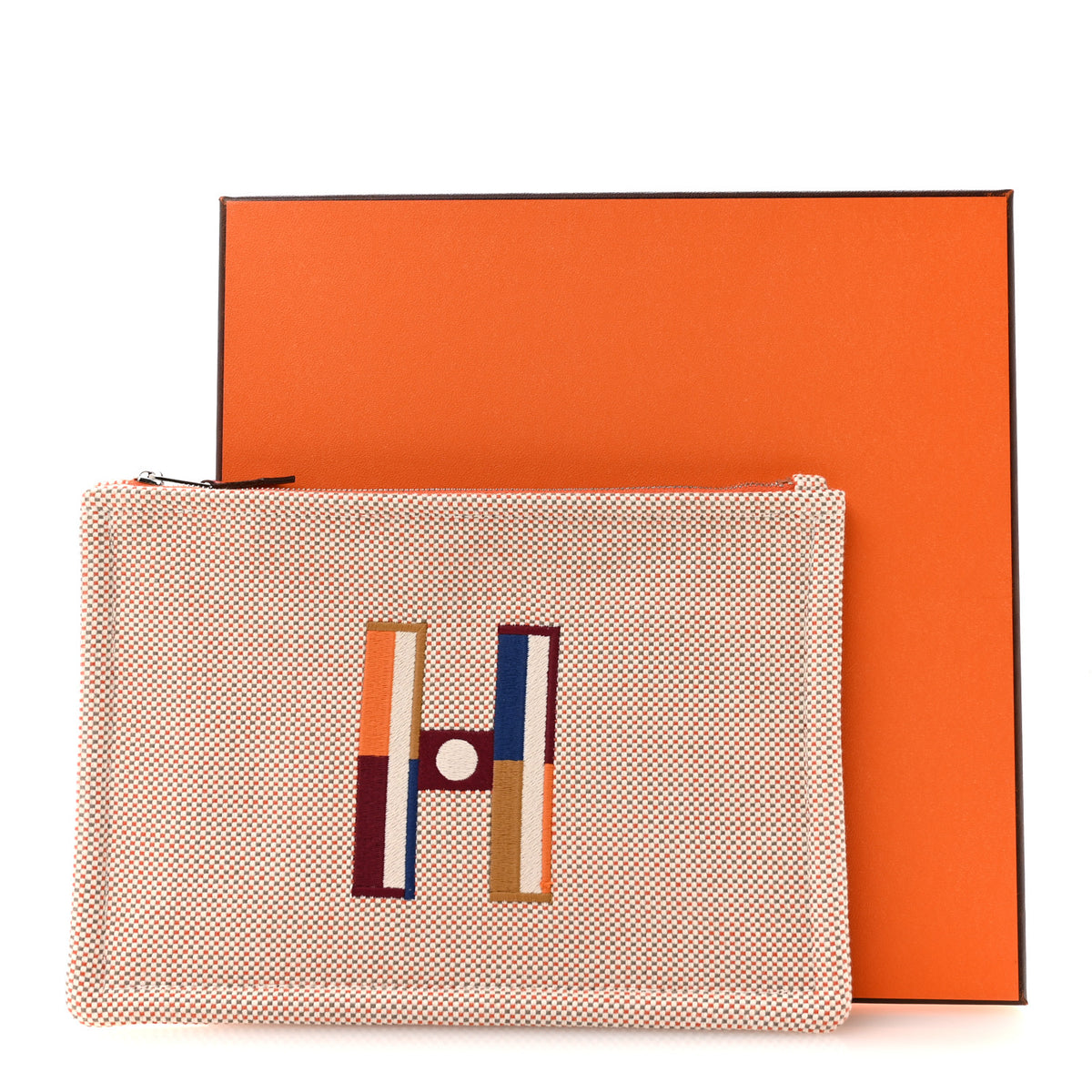 Hermes H Canvas Embroidered Small Faubourg Corner Case  Orange Ficelle 7 of 7