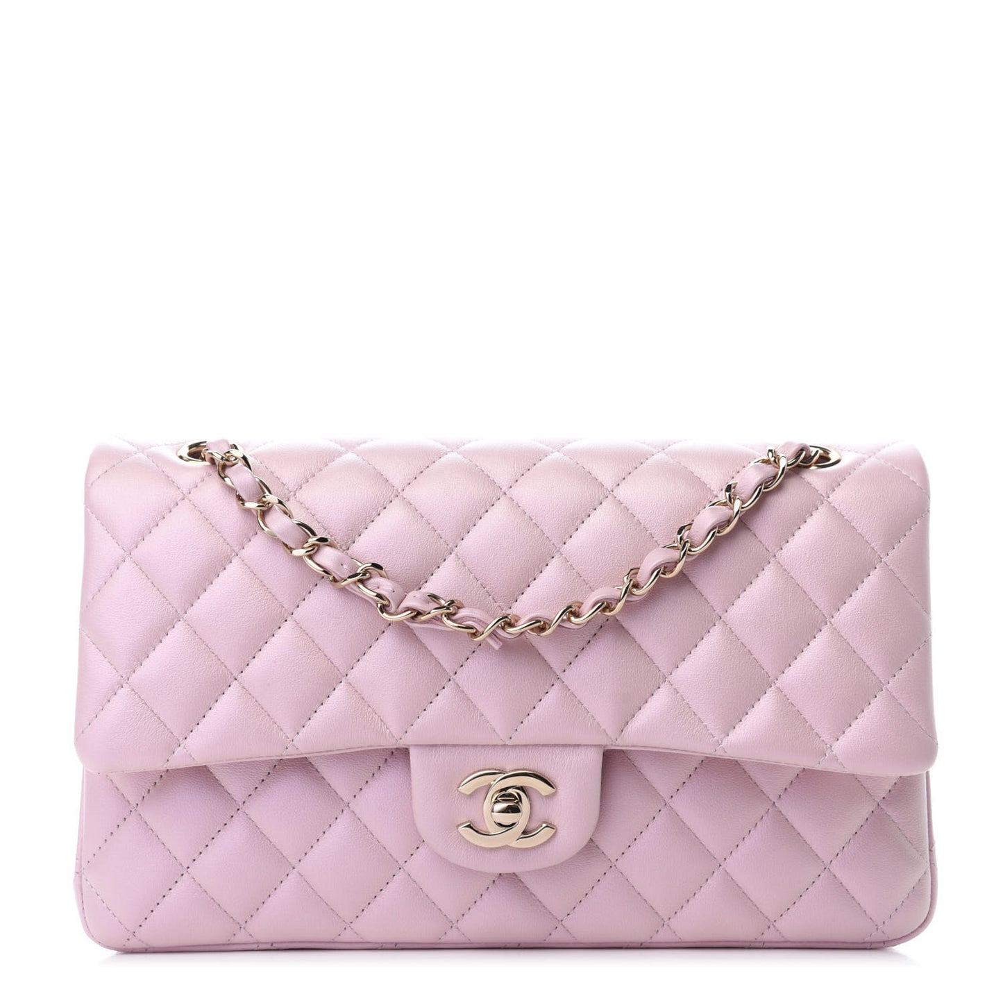 Iridescent Calfskin Quilted Medium Double Flap Light Pink