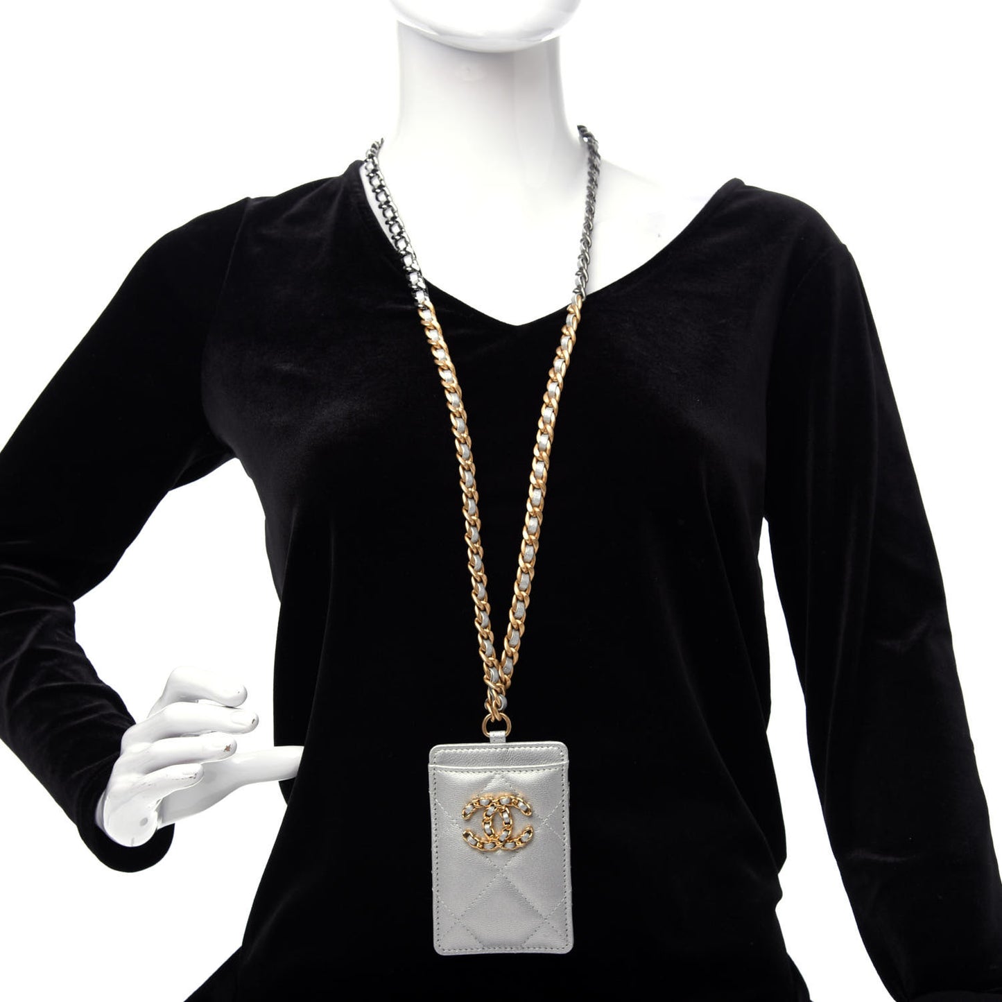 Metallic Goatskin Quilted Chanel 19 Card Holder On Chain Silver
